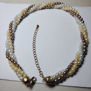 Title: Avon Faux Pearl Statement Necklace — Triple Strand Twist, Gold Details